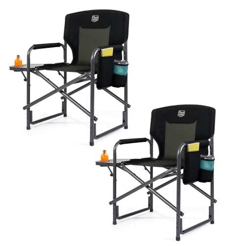 TIMBER RIDGE Lightweight Oversized Camping Chair, Aluminum Directors Chair with Side Table for Outdoor Camping, Lawn, Picnic and Fishing, Supports 400lbs, Black 2PCS - color: Black