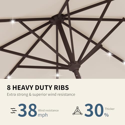 9FT Patio Umbrella with Solar Lights,Outdoor Market Umbrella with Tilt and Crank, LED Lighted Table Umbrella for Garden,Deck,Backyard,Pool,Beach (Beige) - color: Beige