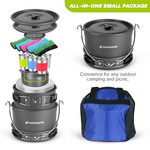 Odoland 39pcs Camping Cookware Mess Kit, Non-Stick Large Size Hanging Pot Pan Kettle with Base Dinner Cutlery Sets for 6 and More, Cups Dishes Forks Spoons Kit for Outdoor Camping Hiking Picnic