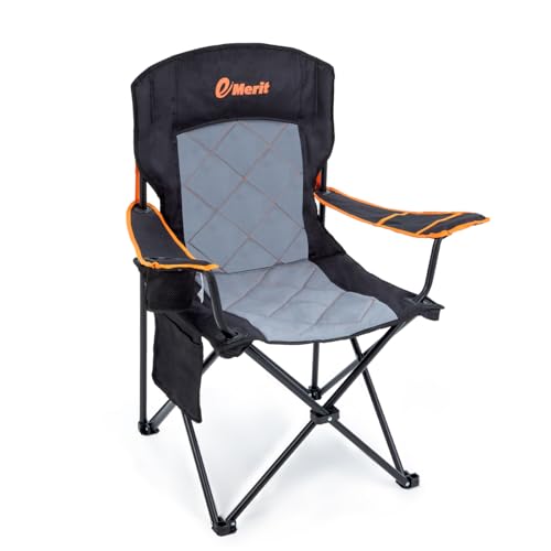 EMERIT Oversized Padded Camping Chair, 350LB Heavy Duty Quad Fold Chair with Arms, Collapsible Outdoor Chairs with Lumbar Back & Cup Holder - color: Black