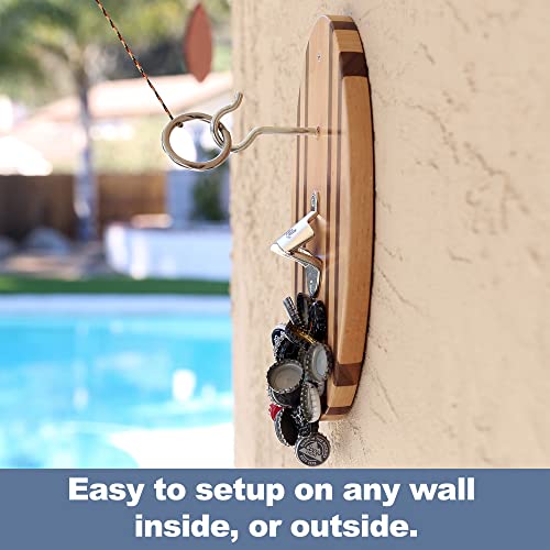 Hook and Ring Game Pro (Beach Stripes) with Bottle Opener and Magnetic Bottle Cap Catch - Easy Wall Mount Ring Toss Game