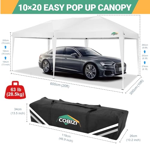 COBIZI Canopy 10x20 Pop Up Canopy Tent with 6 Sidewalls Easy Pop Up Tent 10x20 Waterproof Commercial Instant Shelter UPF 50+ Portable Gazebo Wedding Tents for Parties Carport Vender Events - color: White, size: 10x20FT with 6 sidewalls