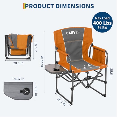 GarveeLife Oversized Directors Camping Chair, Portable Folding Chair for Adults Support 400 lbs, Heavy Duty Lawn Chair with Side Table, for Camping, Sports, Picnic, Beach, Fishing (2 PCS, Orange) - color: Orange, style: 2 PCS