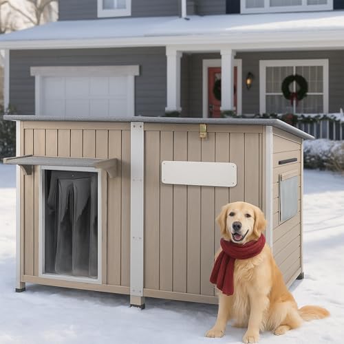 Gowoodhut Big Dog House Outdoor Dog Houses for Large Dogs Outside with Adjustable Vent Window, Removable Floor, Easy Assembly for Medium to Large Dogs(55" L x 29" W x 35" H) - size: 55" L x 33" W x 35" H