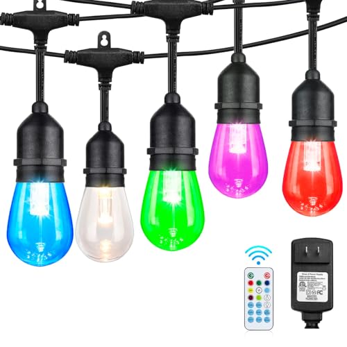 Auroraworld 48FT RGB Outdoor String Lights, Dimmable Color Changing Waterproof LED Patio Lights with Remote, 15 Shatterproof Bulbs for Porch Balcony Garden Party Decor - size: S14 48 FT RGB