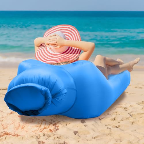 Inflatable Couch Air Lounger for Adults, Ultralight Portable Blow up Couch Air Sofa, Inflatable Beach Lounger Bed for Camping Hiking Festival Backyard Lawn, No Pump Required - color: Sky Blue