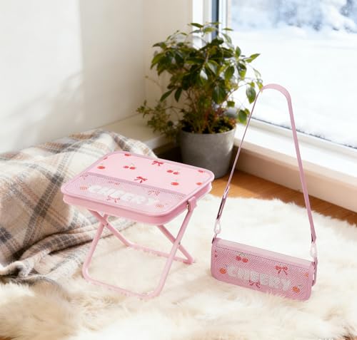 Portable Ultralight Travel Stool Camping Chair Stool - Pink Cherry Carbon Steel with Storage Pockets, Handbag Style Pocket Foldable，Pocket Chair (M-Suitable Weights 0 to 150 LBS) - color: Pink Cherry