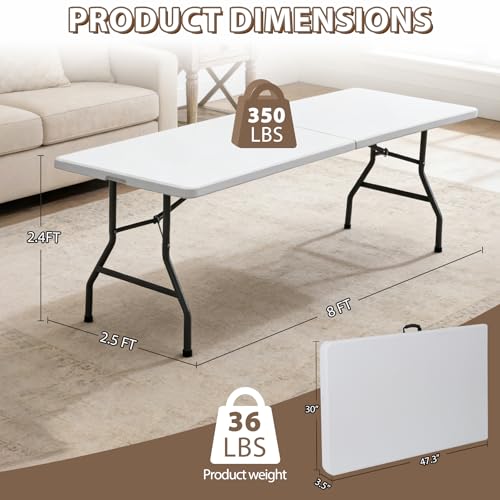 SUPER DEAL 8FT Folding Picnic Table for Indoor Outdoor, Portable Fold-in-Half Plastic Dining Camping Party Table with Carrying Handle - color: White, size: 95"x30", style: Rectangular