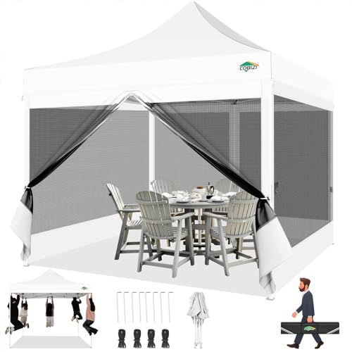COBIZI 10x10 Pop up Gazebos with 4 Mosquito Netting Sidewalls,Heavy Duty Pop up Canopy Tent for Party,Outdoor Camping,Lawn and Backyard,Easy Set up Screen Tents with Handbag,White - color: White, size: 10x10ft(upgraded)