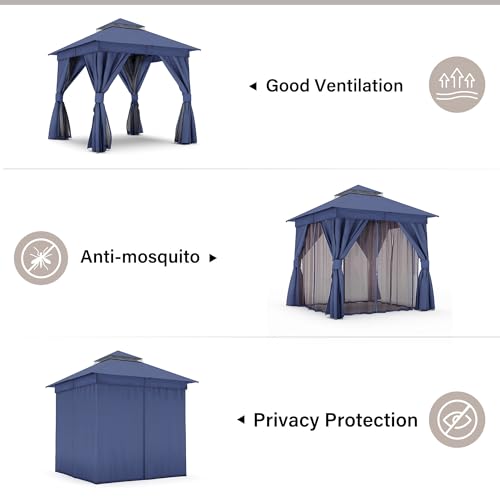 LAUSAINT HOME 8'x8' Outdoor Patio Gazebo with 50FT String Lights, Heavy Duty Party Tent & Shelter with Double Roofs, Mosquito Nettings and Privacy Screens for Backyard, Garden, Decke (Navy Blue) - color: Navy Blue, size: 8'x8' with lights