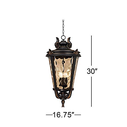 John Timberland Casa Marseille European Outdoor Ceiling Light Hanging Veranda Bronze Brown 30" Champagne Hammered Glass Damp Rated for Exterior House Porch Patio Outside Deck Front Door Home - color: Bronze, size: 30" High