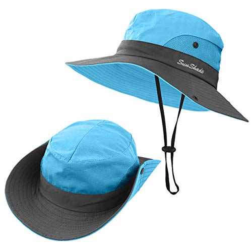 3 Pieces Womens Ponytail Wide Brim Sun Hat Packable UV Protection Beach Cap for Fishing & Hiking - color: Purple＆orange＆sky Blue
