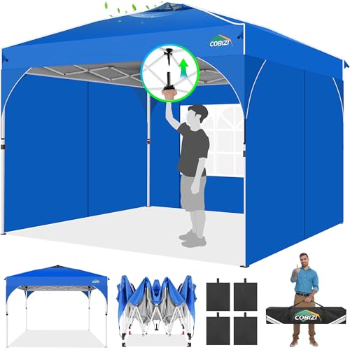 COBIZI Canopy Tent 10x10, Easy Up 10x10 Pop Up Canopy Tent for Party Camping, Party Tents with One Push Central Button Air Vent, Outdoor Gazebo Canopy Tent with Sidewalls and Reflective Strip(Blue) - color: Blue, size: 10x10ft with 3 sidewalls