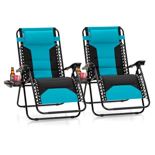 PHI VILLA Zero Gravity Chair Set of 2, Padded Anti Gravity Recliner, Oversized 28" Wide Seat, Foldable Patio Lounger with Armrest & Cup Holder, Supports 400 LBS (Aqua) - color: Aqua