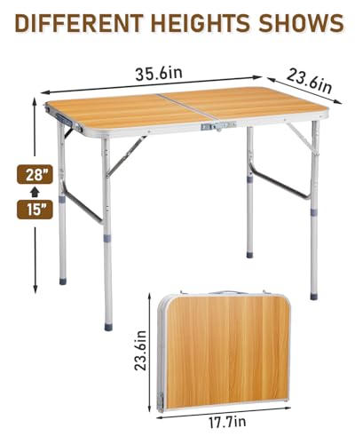 Outvita 3ft Portable Folding Camping Table, Outdoor Waterproof Adjustable Height Table, Aluminum Lightweight Suitcase Foldable Table for Picnic BBQ Beach Dining - color: Yellow, size: 35*24*28