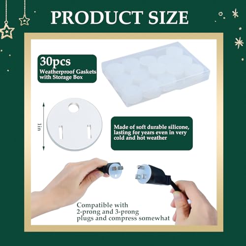 30Pcs Weatherproof Gaskets for Christmas Lights, Outdoor Extension Cord Gaskets Plug Cover Waterproof GFCI Protector Stop Tripping Soft Silicone Gaskets with Box for Xmas Holiday Light Installation - size: 30Pcs