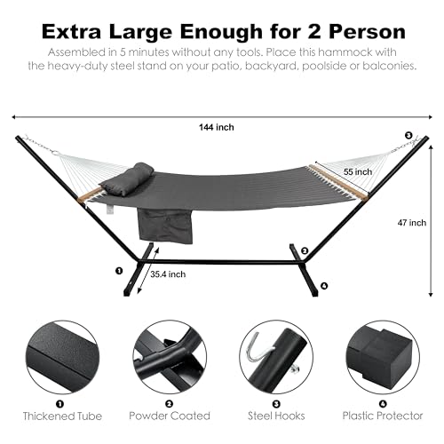 GAFETE 2 Person Hammock with Stand for Outside, Heavy Duty Steel Stand, 55inch Double Hammocks, Large Removable Pillow, Storage Bags, Max 475 lbs Capacity (Haze Gray) - color: Haze Gray
