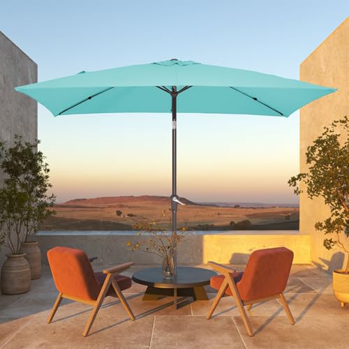 JEAREY 6.5x10 ft Rectangular Patio Umbrellas Rectangle Outdoor Umbrella with Push Button Tilt and Crank, Market Table Umbrella 6 Sturdy Ribs UV Protection for Poolside Garden Backyard Deck, Peacock Blue - color: Peacock Blue, size: 6.5x10ft