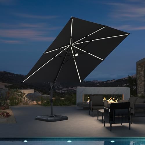 PURPLE LEAF 10 Feet Patio Umbrella Outdoor Cantilever Solar Powered LED Square Umbrella Aluminum Offset Umbrella with 360-degree Rotation for Garden Deck Pool Patio, Grey - color: Grey, size: 10' X 10', style: Standard（LED）