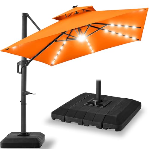 Best Choice Products 9x12ft LED Cantilever Patio Umbrella w/Base Included & 360° Rotation, Large Solar Offset Hanging Outdoor Sun Shade for Deck, Backyard Table w/Stand & Lights – Orange - color: Orange, size: 9x12ft