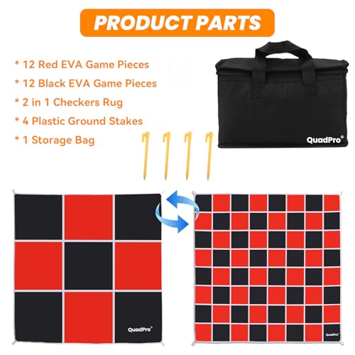 2-in-1 Giant Checkers Game & Tic Tac Toe Game Set, Outdoor Games with 4.6x4.6ft Machine-Washable Mat & 4 Ground Stakes - Perfect Backyard Games for Kids & Adults