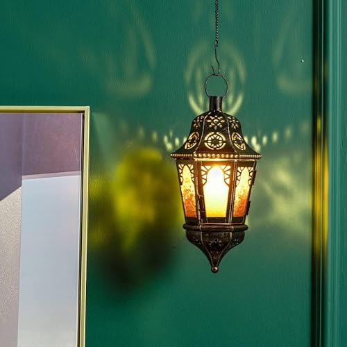 Ramadan Lantern Decorative Indoor & Outdoor, 13.6’’ Vintage Decorative Hanging Lanterns with Chian for Home Porch Patio Decor, Metal Christmas Moroccan Candle Holder Decorations (Amber) - color: Amber