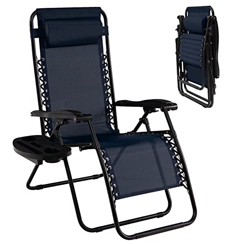 Goplus Zero Gravity Lounge Chairs, 160°Adjustable Folding Recliner w/Pillow and Cup Holder, 350LBS Comfy Outdoor Lounge Chairs for Patio, Lawn, Yard & Camp(1, Navy) - color: Navy, size: 35.4" x 25.2" x 43.3" (Set of 1)
