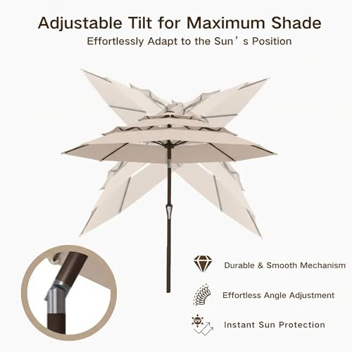 Kingdura 10ft 3-Tier Patio Umbrella, Outdoor Table Umbrella with Easy Crank & Tilt, 8 Reinforced Ribs, UV Protection for Deck, Pool, Market, Backyard (Beige) - color: Beige, size: 10 FT