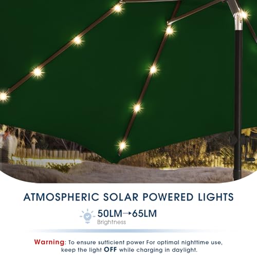 wikiwiki 9FT Solar Led Patio Umbrella with Base Included, 32 LED Lights, 8 Sturdy Ribs, Fade Resistant Waterproof POLYESTER DTY Canopy for Garden, Lawn, Deck, Backyard & Pool, Dark Green - color: Dark Green, size: 9FT