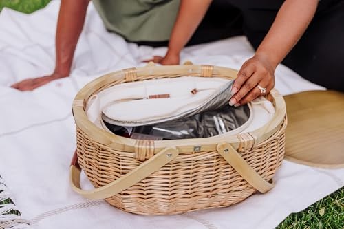 PICNIC TIME Sequoia Picnic Basket with Cooler Compartment, Woven Picnic Basket with Removeable Cooler Bag, Vintage Wicker Picnic Basket, (Beige)