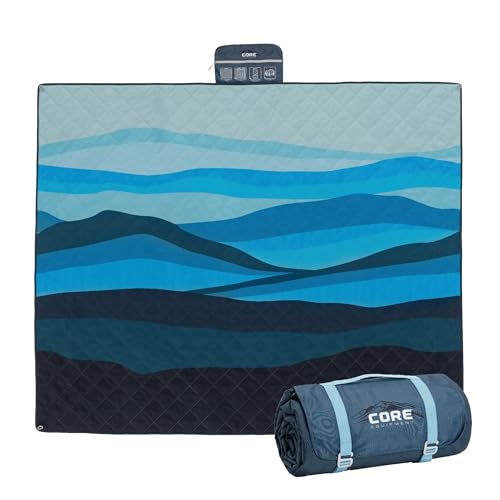 CORE Outdoor Weighted Blanket | Packable Waterproof Picnic Blanket, Beach Mat, Tent Camping Rug, & Stadium Blanket | Large Portable 94" x 78" Quilt Design with Built-in Straps and Carry Handle - color: Misty Mountains