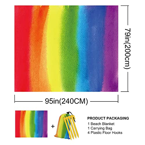Rainbow Watercolor Print Beach Blanket Sandproof Waterpoof Oversized 79"x 95" Beach Mat with Corner Pockets, Lightweight Portable Mat for Beach Festival Travel Picnic Camping Outdoor - color: Rainbow, size: 79"x95"
