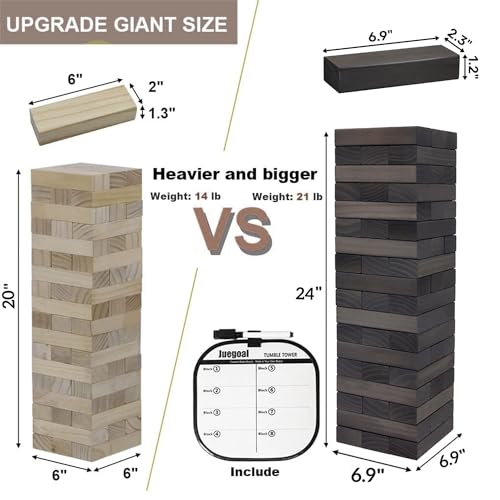 Juegoal 54 Piece Giant Tumble Tower Grey for Adult Kids Family, Wooden Block Stacking Game with Gameboard & Canvas Bag, Outdoor Games for Backyard Lawn Party Playing, 6.9 x 6.9 x 24 Inches,X-Large - color: Grey, size: X-Large