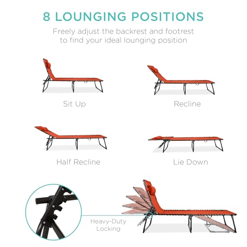 Best Choice Products Patio Chaise Lounge Chair, Portable Outdoor Folding Recliner for Lawn, w/ 8 Positions, Handles, 300lb Capacity - Burnt Orange - color: Burnt Orange