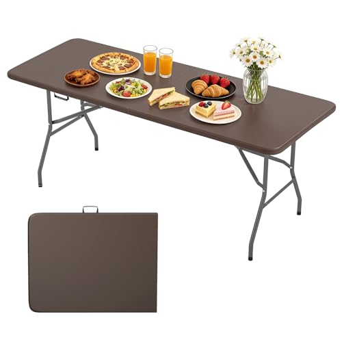 BestOffice 6 FT Picnic Table, Portable Plastic Folding Table with Carrying Handle Perfect for Picnics, Parties, Party and Camping, Brown - color: Brown, size: 6 FT 70"x28"