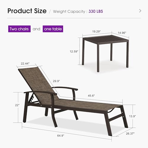 PURPLE LEAF Outdoor Chaise Lounge Chair Set of 3 Patio Pool Lounger Aluminum Chairs with Side Table and Wheels Adjustable Tanning Recliner with Armrests for Outside Backyard Deck Beach, Brown - color: Brown, size: Standard Upgrade