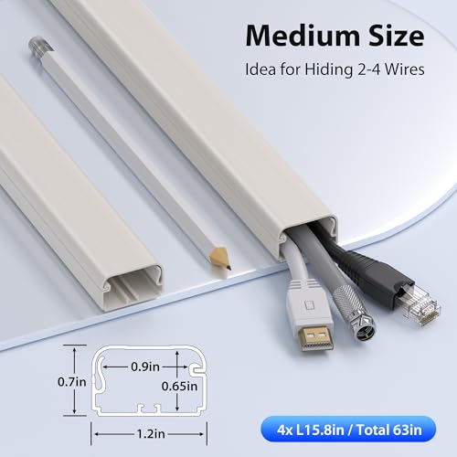 ZhiYo Large Capacity Wire Hiders for TV on Wall for 2-4 Cords, 63in (4xL15.8in) PVC Cable Cover with Adhesive Tape, Snap and Lock Design for Wall Mounted TV, Beige Cord Covers for Wires on Wall - color: Beige, size: W1.2in x H0.7in - L63in