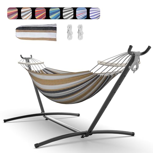 Everyfun Double Hammock with Space-Saving Steel Stand, 2 Person Heavy-Duty Hammock for Garden, Yard or Outdoor, 600lbs Capacity, Coffee - color: Dc-coffee
