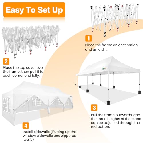COBIZI 10x30 Pop up Canopy with Roller Bag & 8 Removable Sidewalls, Canopy Tent for Parties, Wedding, and Commercials, Waterproof and Instant Shelter UV50+ Outdoor Gazebo with 4 Sandbags(White) - color: White, size: 10x30FT