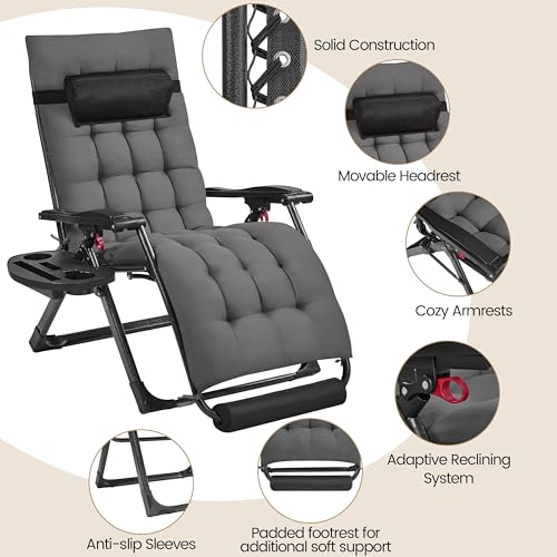 Yaheetech 26" Zero Gravity Chair Folding Reclining Lounge Recliner with Removable Pad & Headrest & Side Cup Holder Tray for Indoor and Outdoor Dark Gray/1 - color: Dark Gray, size: 26"