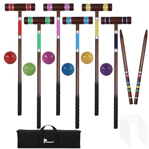 Six Player Croquet Set, 28’’ Croquet Set with Wooden Mallets/Colored Ball/Wickets/Stakes for Adults/Teenager/Family-Perfect for Lawn/Backyard Game/Park (Vintage Brown) - color: Vintage Brown-with Grip Tape