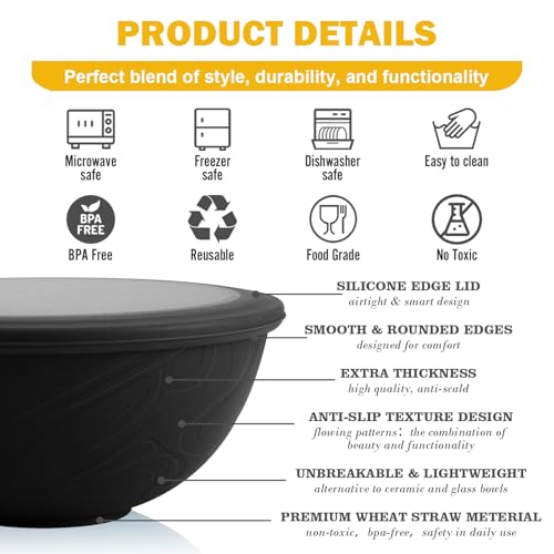 40 OZ Unbreakable Cereal Bowls with Lids, Wheat Straw Bowls Set of 4 with Unique Pattern, Reusable Plastic Bowl for Cereal, Soup, Salad and Ramen, Indoor & Outdoor Essentials, Black - color: Black, size: 40 Oz With Lid