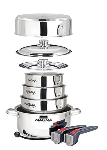 Magma 10 Piece Gourmet Nesting Stainless Steel Cookware Set, Induction Compatible, Oven Safe to 500°F - Suitable for All Stovetops, Removable Handles, Silver - color: Stainless Steel, style: 10 Piece