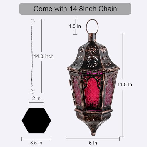 Moroccan Decorations, Lantern Decorative Indoor & Outdoor, 13.6’’ Vintage Decorative Hanging Lantern with Chian for Home Porch Patio Decor, Metal Ramadan Christmas Candle Holders(Plum Red) - color: Plum Red