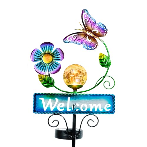 Butterfly Garden Decorations for Outside, Solar Waterproof Stake Lights with Welcome Sign for Yard Lawn Patio Pathway, Warm Gifts for Mom Grandma Housewarming (Butterfly) - style: Butterfly