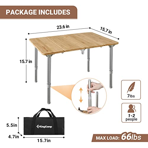 KingCamp Bamboo Folding Table Camping Table with Adjustable Height 4-Folds Compact Small Lightweight Portable Picnic Camp Table for Outdoor Backpacking Beach RV Travel Tailgating Barbecue, 1-2 People