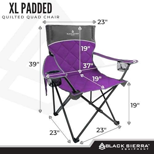 Black Sierra Quilted Padded Camping Chair, Oversized Heavy Duty Outdoor Lounge Seat Supports 300 lbs, Portable, Folding with Cup Holder for Beach, Tailgating, Sports, Patio - color: Purple