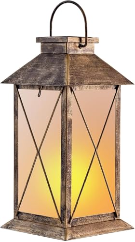 2 Pack Solar Lantern with Flickering Flame Candle, 13" Outdoor Waterproof Solar Lanterns Garden Decorative, Glass Hanging Lantern Metal for Outdoor Patio Yard Tabletop Decoration Mothers Day Gifts Mom - style: Bronze-Cross02