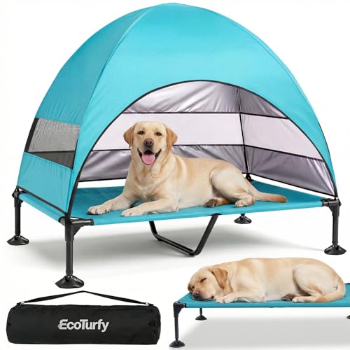 Elevated Dog Bed with Canopy - 3-Sided UV Protection Pet Tent with Wider Shade, Raised Cooling Outdoor Dog Cot with Breathable Mesh for Medium Large Dogs, Portable Bed for Camping, Patio (Aqua, XL) - color: Aqua, size: X-Large