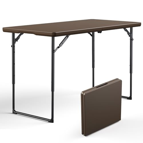Folding Table 4ft - Heavy Duty Fold-in-Half Plastic Table with Adjustable Height, Portable Utility Tables with Steel Legs for Indoor, Outdoor, Picnic, Camping, Dining, Party(Brown) - color: Brown, size: 4ft